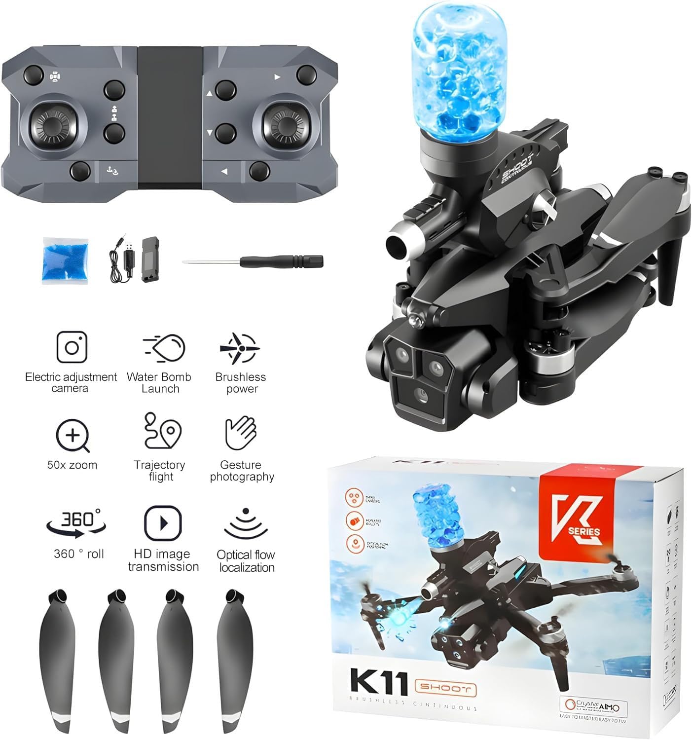Dron K11 Max Shoot Triple Cámara Dispara Bolitas Hidrogel Negro